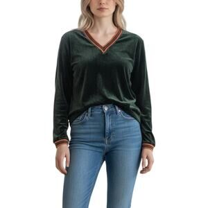 Vintage Green Velour Sweater Shirt Women Sz Medium Y2K Glam Soft Grunge Mallcore